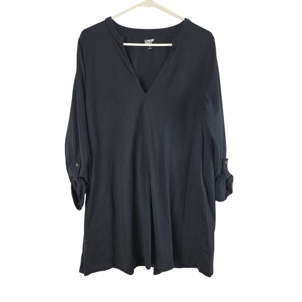 Lands' End Roll Tab Sleeve Midi Dress M 10/12 Womens Black V Neck Basic Normcore